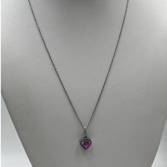 JBWR 925 Platinum Plated Pink Sapphire Heart Pendant & 18" Necklace - Picture 1 of 12